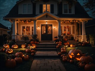 Halloween pumpkins and decorations outside a house