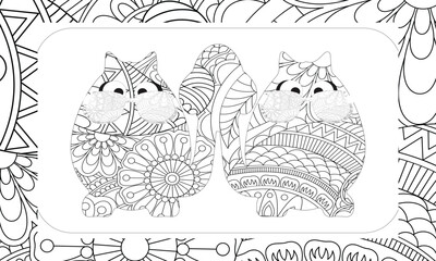 Fashion cat with sunglasses. Hand drawn coloring page for cat lovers.Hand-drawn cat with sunglasses and ethnic floral doodle pattern. Coloring page - zendala, design for spiritual relaxation for adult