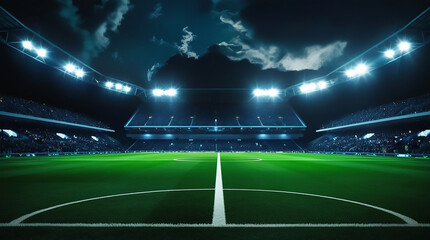 A football stadium with lights shining down on the field in the stock photo style empty space for
