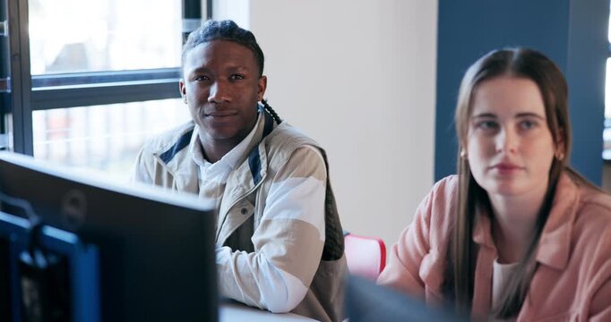 People, student and classroom in listening, lesson and computer in education, growth and development. Group, diversity and university tuition in information technology, course or module for knowledge