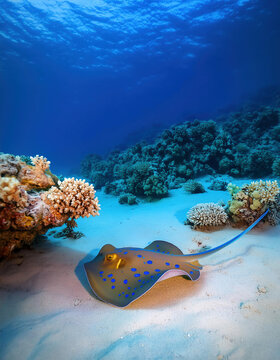 Underwater scenery of coral reefs with bluespotted stingray on the sandy bottom 