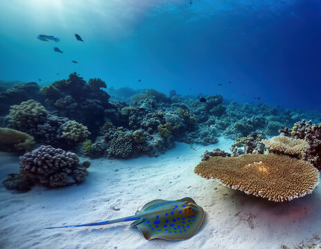 Underwater scenery of coral reefs with bluespotted stingray on the sandy bottom 