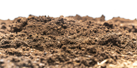 Pile of earth closeup isolated on white background with copy space background. Dirt, fertilizer, ground soil