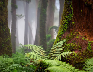 ferns in misty rainforests and trees with moss covering their trunks