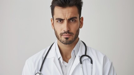 Close-up of a doctor with a focused expression, captured in a raw photo against a plain background, illustrating dedication and clinical professionalism