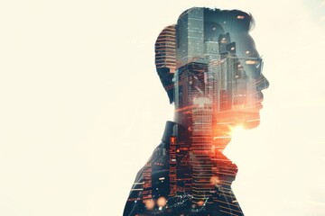 Double exposure image featuring a businessman and a digital futuristic background, with clear copy space. The design symbolizes technological advancement and business acumen.