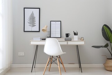 Home office with a minimalist desk, modern chair, and stylish decor