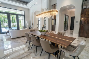 Fototapeta premium Dining room with a wooden table, elegant chairs, and a contemporary chandelier