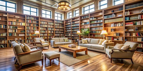 Fototapeta premium A serene library with rows of books and comfortable seating, books, literacy, education, reading, learning, knowledge
