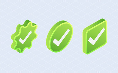 Isometric check mark, checklist green. Checkmarks isolated on white background