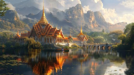 An enchanting vista of a beautiful golden temple set amidst the serene surroundings of Thailand, the majestic landscape offering a glimpse into the country's rich history and architectural wonders,