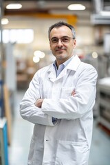 Fototapeta premium Portrait of a factory company manager overseeing product quality control, Generative AI 
