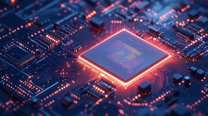 Fototapeta premium Close-up of a Computer Chip Glowing Red