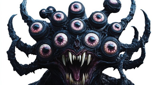 A terrifying mythical creature with multiple eyes and sharp teeth, evoking fear and fascination in dark fantasy art.