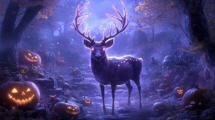 An enchanted deer with glowing antlers in a spooky forest filled with Halloween creatures