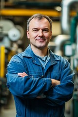 Obraz premium Portrait of a factory company manager standing in front of factory equipment, Generative AI