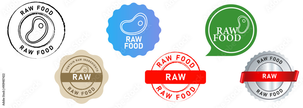 Wall mural raw food stamp collection ingredients non cook food quality dish meal green red blue brown black color cuisine nutrition health icon design template