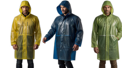 Fototapeta premium Set of mens classic waterproof long raincoats in differents colours