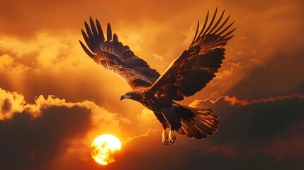 Obraz premium Majestic Eagle Soaring Through Sunset Clouds