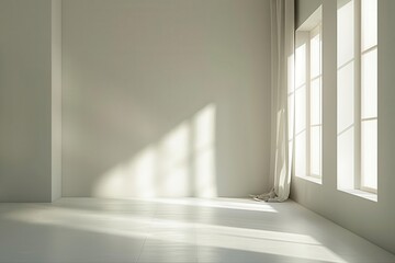 Fototapeta premium minimalist empty room interior bathed in soft diffused light clean lines neutral tones and subtle shadows create a serene and spacious atmosphere
