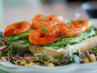 a sandwich with fresh shrimp and avocado on freshly baked bread
