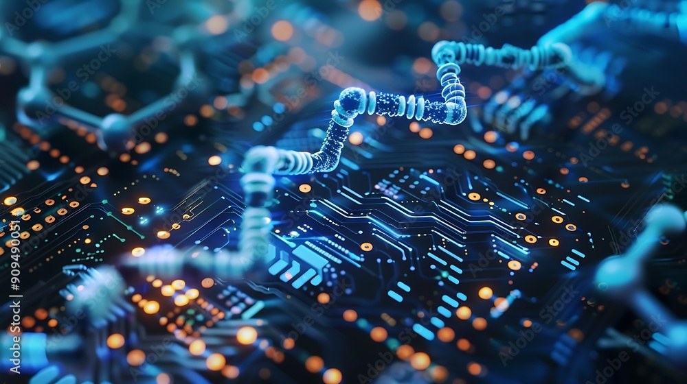 Poster abstract view of a circuit board with glowing blue wires and intricate patterns.