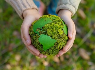Close up of a young adult and children's hands holding a green planet Earth covered in moss,