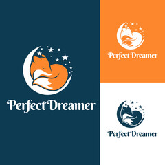 sleep fox fun character mascot with moon and star, for sleeping dreamer logo designs