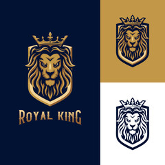 lion king head with crown gold shield strong luxury logo design vector