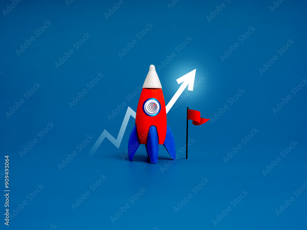 Aufkleber red rocket with target icon parked next to the red flag with growing arrow behind on blue background