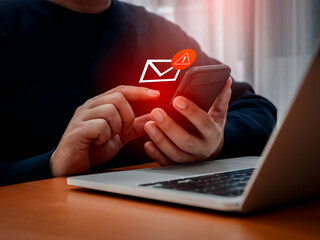 SMS spam, fake text message phishing from scammer concept. System hacked red warning alert, email...