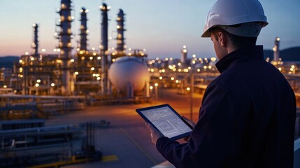 An engineer or refinery supervisor is checking natural gas supply on a digital tablet, with an LPG gas plant in the background.