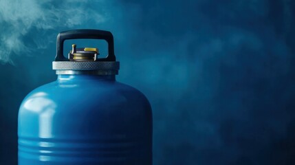 Blue LPG gas cylinder on a small cart for delivery to customers. Daily cooking gas. Blurred background of gas cylinder.