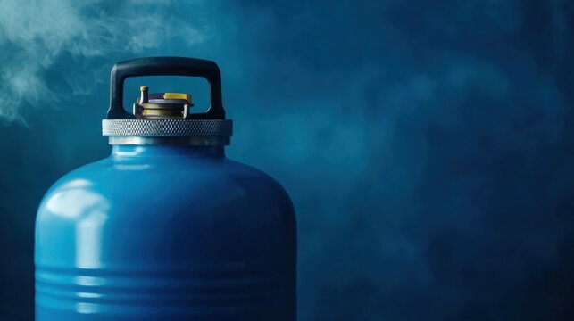 Blue LPG gas cylinder on a small cart for delivery to customers. Daily cooking gas. Blurred background of gas cylinder.