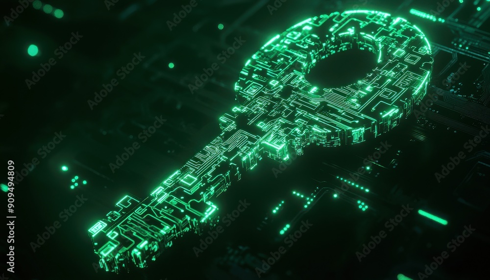 Poster 3d illustration of a lock and key made of digital circuits, representing cybersecurity, isolated wit