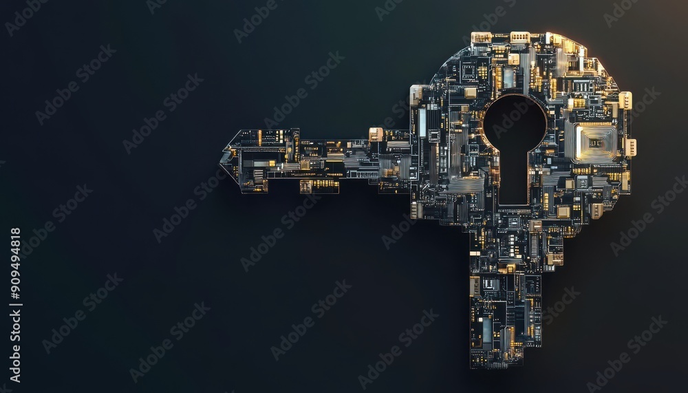 Poster 3d illustration of a lock and key made of digital circuits, representing cybersecurity, isolated wit