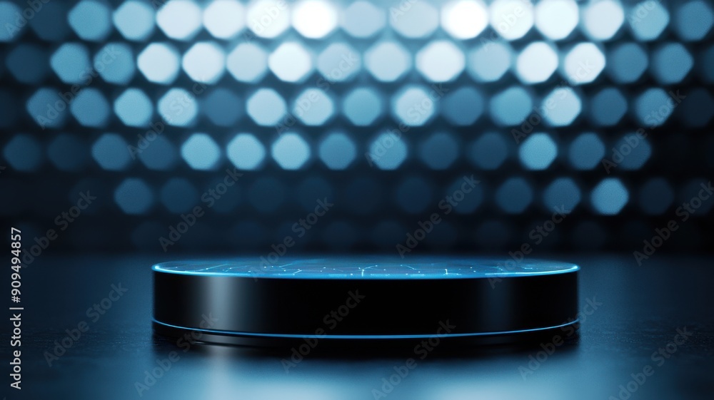 Poster 3d render of a modern podium with a digital screen background, designed for a tech event or innovati