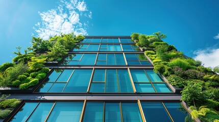 Modern Eco-Friendly Building with Vertical Garden and Glass Facade Under a Clear Blue Sky