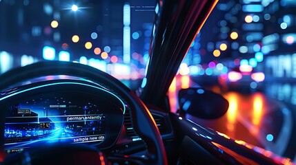 A futuristic car dashboard displays a digital speedometer and navigation system, with the bright city lights blurring in the background.