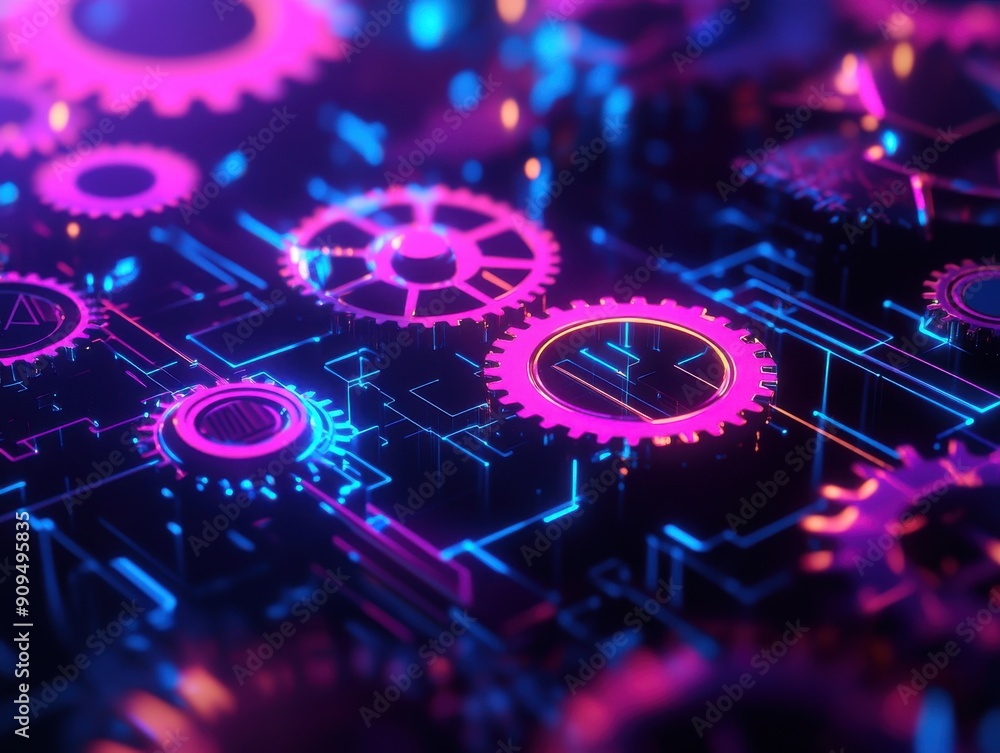Poster abstract 3d technology background with interlocking gears and neon effects, on a dark backdrop