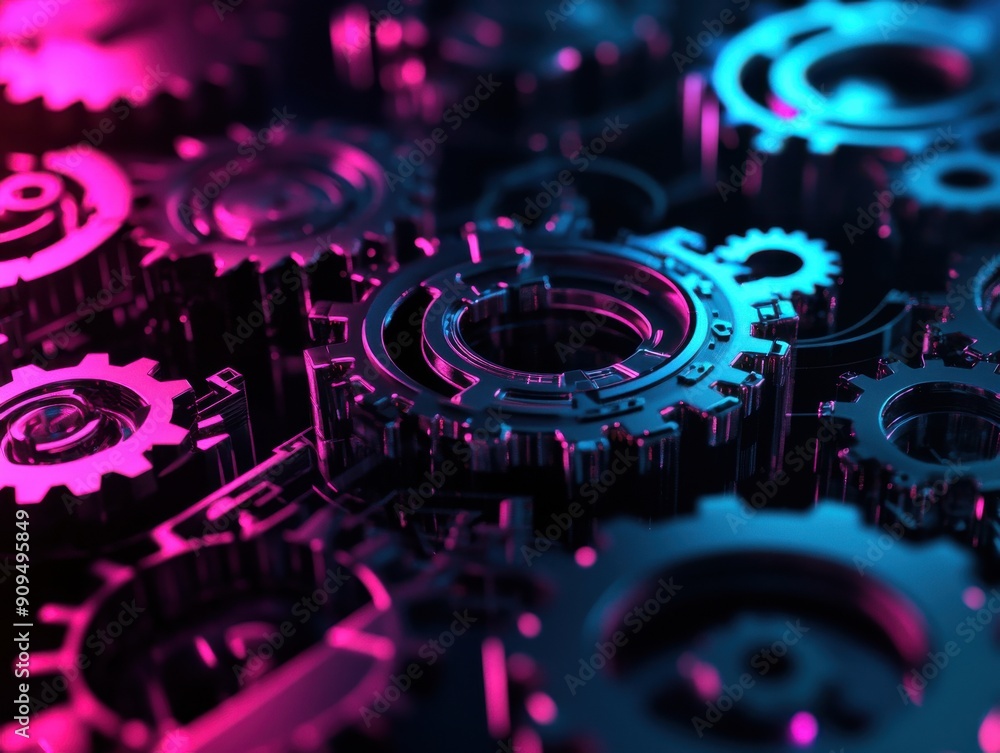 Poster abstract 3d technology background with interlocking gears and neon effects, on a dark backdrop