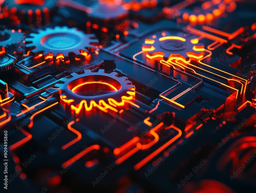 Poster abstract 3d technology background with interlocking gears and neon effects, on a dark backdrop