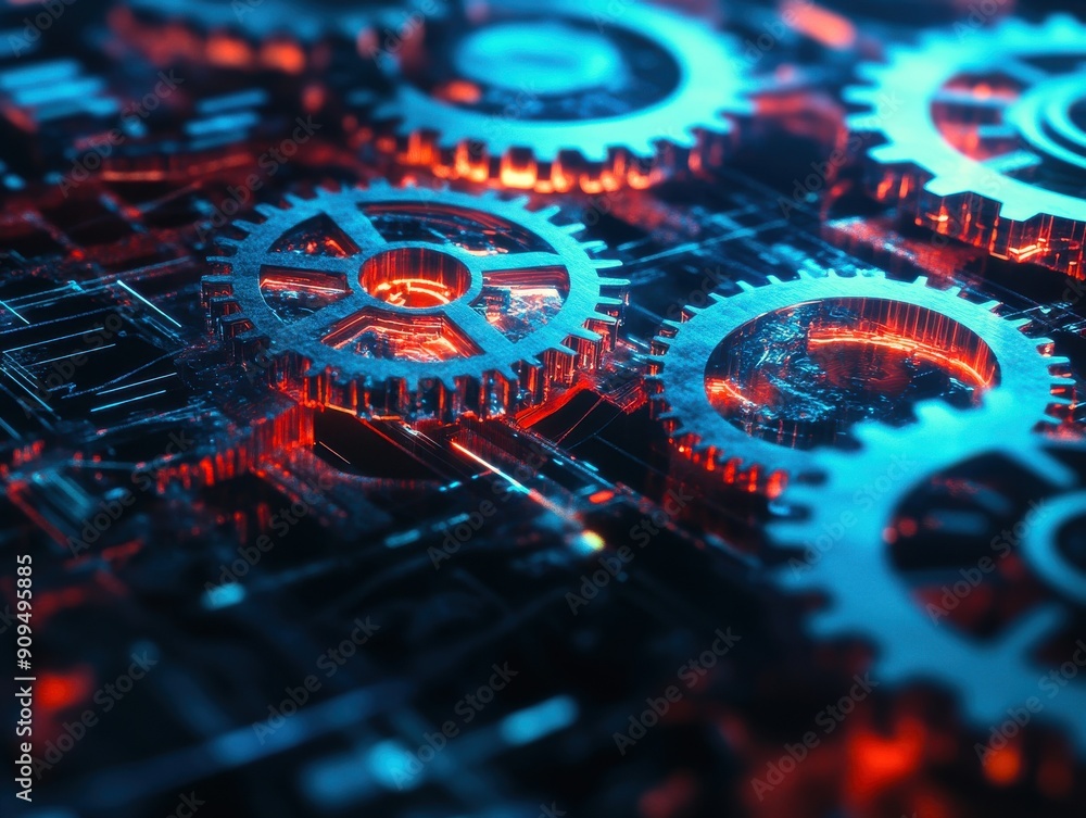 Poster abstract 3d technology background with interlocking gears and neon effects, on a dark backdrop
