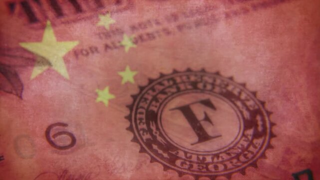 Dollar banknotes and the flag of China
