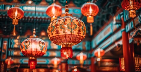 Fototapeta premium A close-up shot of intricately decorated lanterns hanging in a temple setting, casting a warm glow on the surroundings. The lanterns, with their vibrant colors and intricate patterns