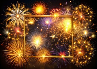 Fototapeta premium Vibrant fireworks explode on a dark background, surrounded by a majestic frame of golden sparks and firecrackers, creating a dazzling display of light and color.