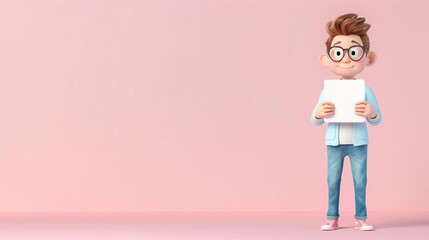 A 3D clipart of a actor holding a script, standing on the right side of the image, with a randomly colored background.