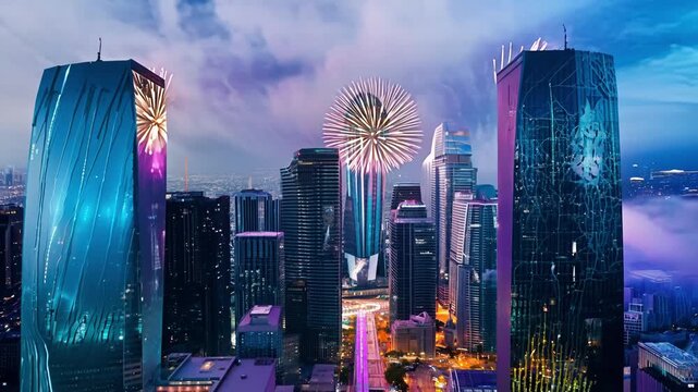 New year celebration: As the clock strikes midnight a futuristic metropolis is enveloped in a stunning display of shimmering fireworks welcoming the year 2025 with energy and