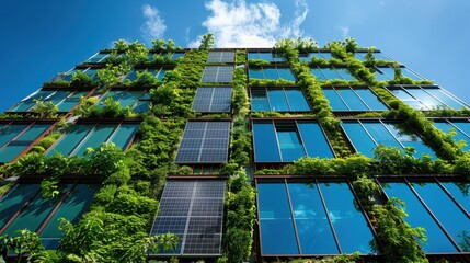 Modern Eco-Friendly Building with Solar Panels and Vertical Garden Against a Clear Blue Sky