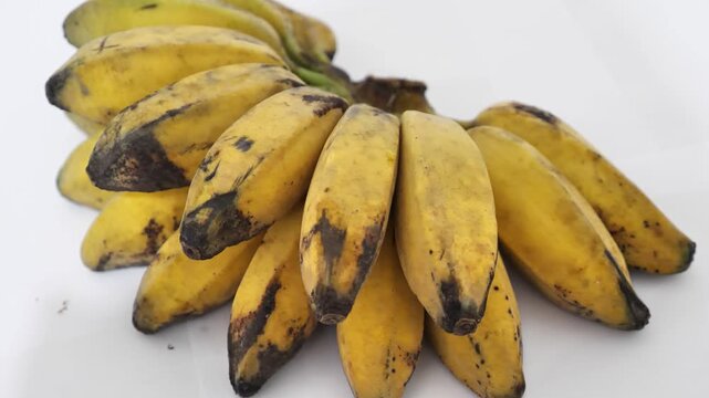 Ripe and yellow big saba plantain or cooking banana. Cut out isolated